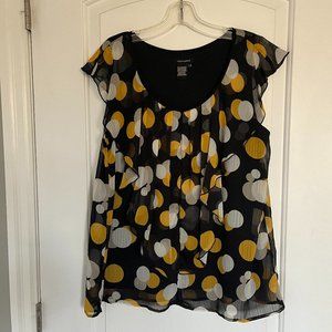 Drapey black blouse with white and yellow pattern